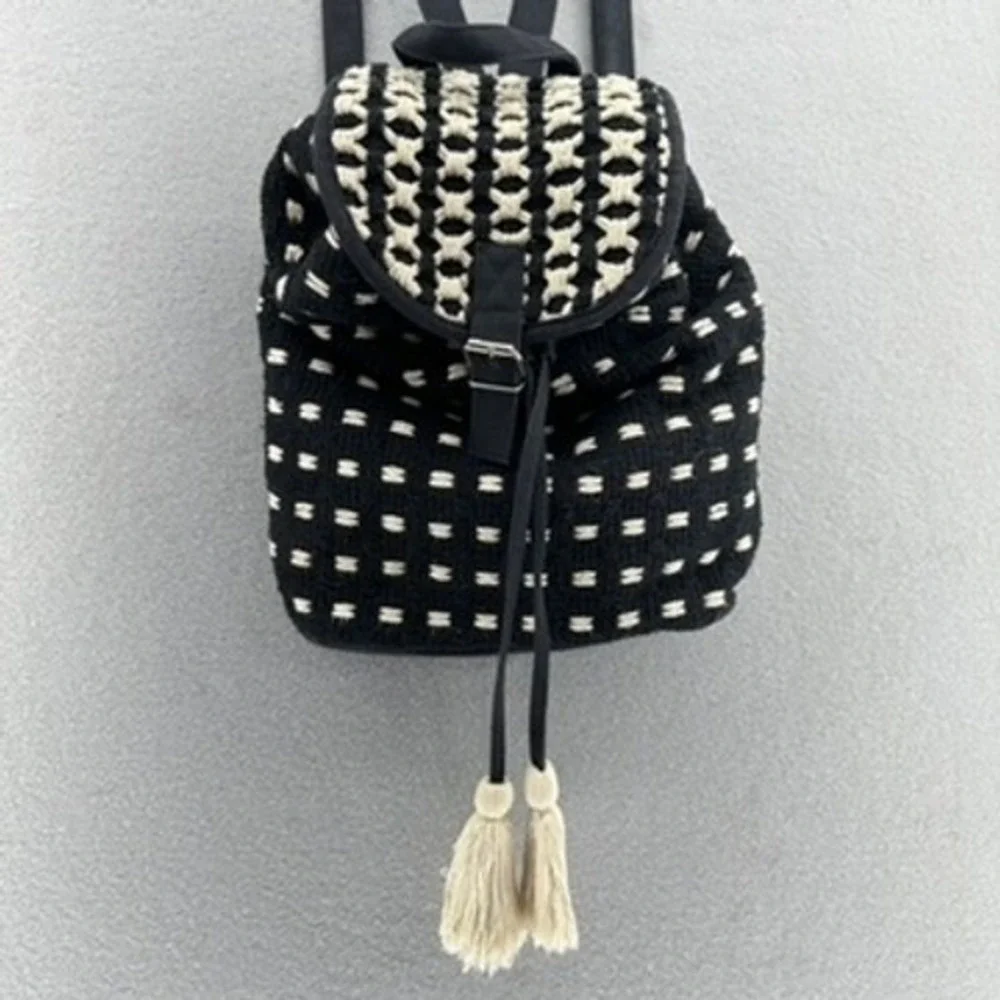 World Market Boho Woven‎ Backpack Purse Black Drawstring Buckle Flap Tassels